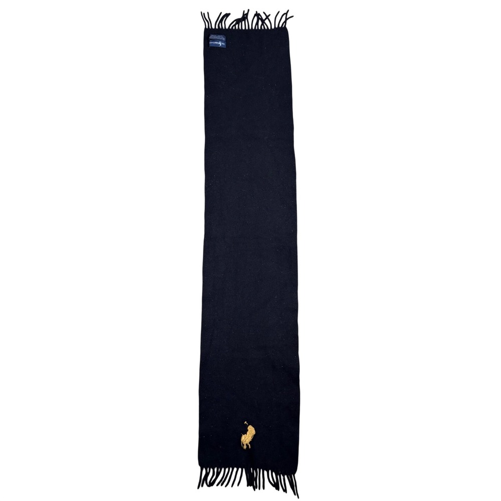 Polo Ralph Lauren Black 100% Lambs Wool Scarf Large Gold Pony Made in Italy
